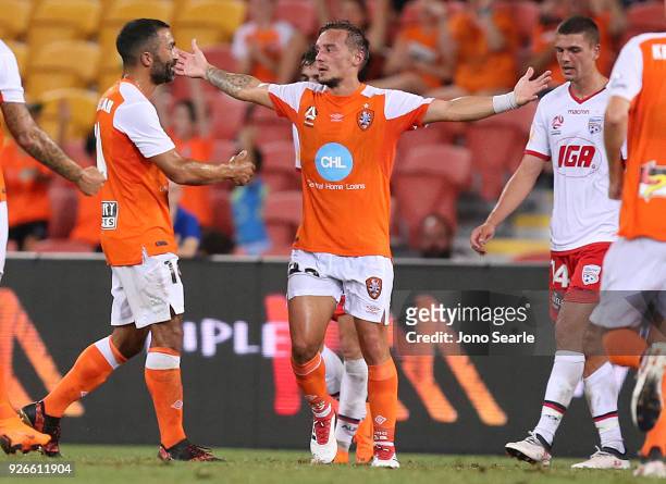 Eric Bautheac of the Brisbane Roar celebrates his goal during the round 22 A-League match between the Brisbane Roar and Adelaide United at Suncorp...