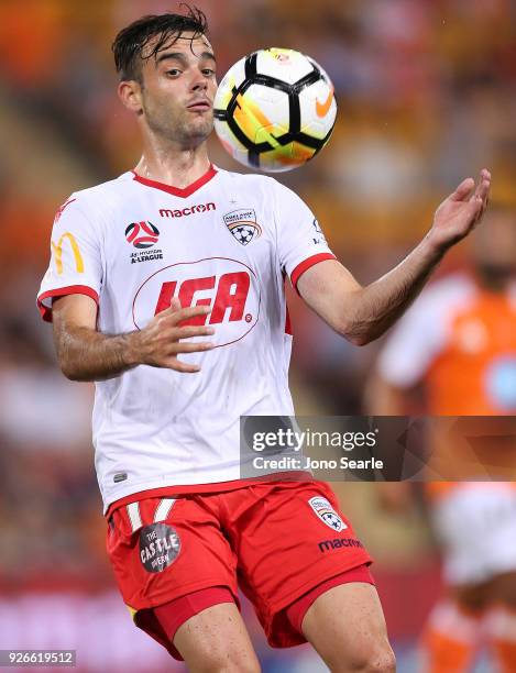 Nikola Mileusnic of Adelaide United controls the ball during the round 22 A-League match between the Brisbane Roar and Adelaide United at Suncorp...