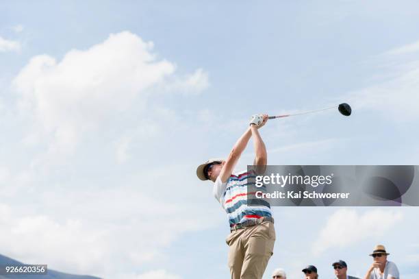 Harry Bateman of New Zealand tees off during day three of the ISPS Handa New Zealand Golf Open at Millbrook Golf Resort on March 3, 2018 in...