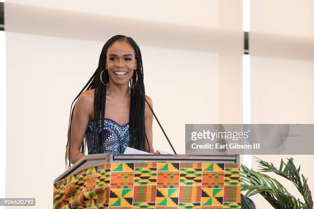 Host Michelle Williams speaks onstage at "The Diaspora Dialogues" International Women Of Power Luncheon at Marriott Hotel Marina Del Rey on March 2,...