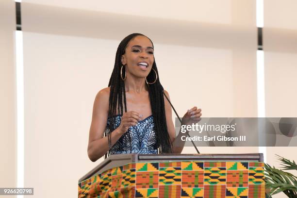 Host Michelle Williams speaks onstage at "The Diaspora Dialogues" International Women Of Power Luncheon at Marriott Hotel Marina Del Rey on March 2,...