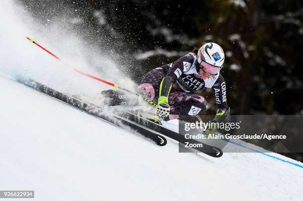 Tina Weirather of Liechtenstein competes during the Audi FIS Alpine Ski World Cup Women's Super G on March 3, 2018 in Crans-Montana, Switzerland.