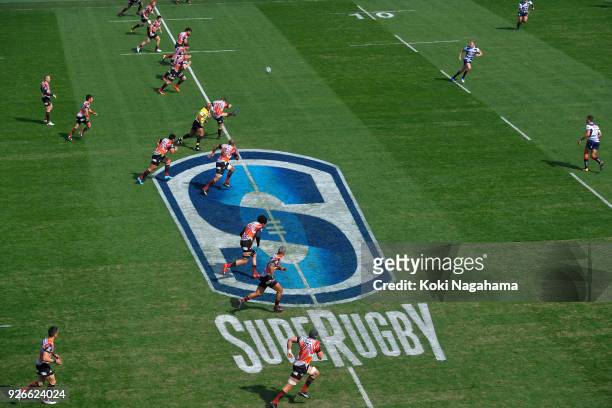 Sunwolves kick off during the Super Rugby round 3 match between Sunwolves and Rebels at the Prince Chichibu Memorial Ground on March 3, 2018 in...