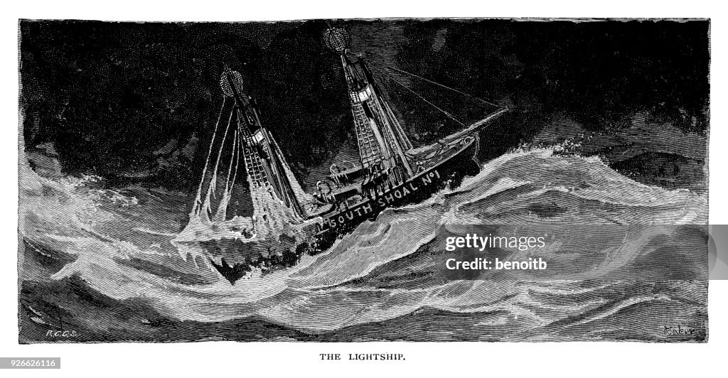 Lightship in winter storm at night