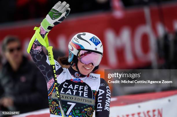 Tina Weirather of Liechtenstein takes 1st place during the Audi FIS Alpine Ski World Cup Women's Super G on March 3, 2018 in Crans-Montana,...