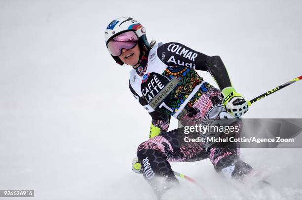 Tina Weirather of Liechtenstein takes 1st place during the Audi FIS Alpine Ski World Cup Women's Super G on March 3, 2018 in Crans-Montana,...