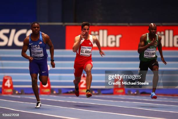 Christian Coleman of United States on his way to winning the 60 Metres Men Round 1 Heat 1 ahead of Jacob El Aida of Malta and Kim Collins of Saint...