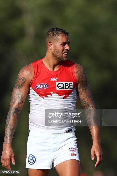 Lance Franklin of the Swans looks on during the AFL JLT Community Series match between the Brisbane Lions and the Sydney Swans at Moreton Bay Central...