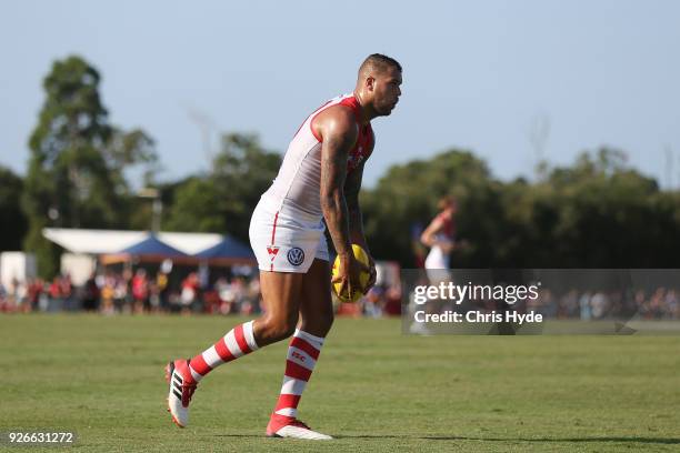 Lance Franklin of the Swans kicks during the AFL JLT Community Series match between the Brisbane Lions and the Sydney Swans at Moreton Bay Central...