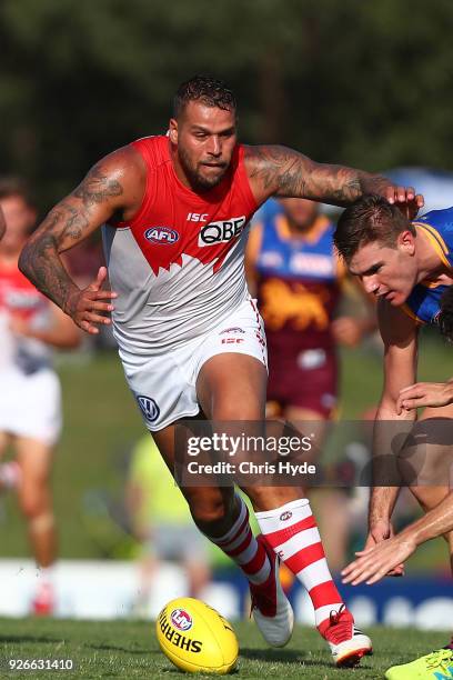 Lance Franklin of the Swans kicks during the AFL JLT Community Series match between the Brisbane Lions and the Sydney Swans at Moreton Bay Central...