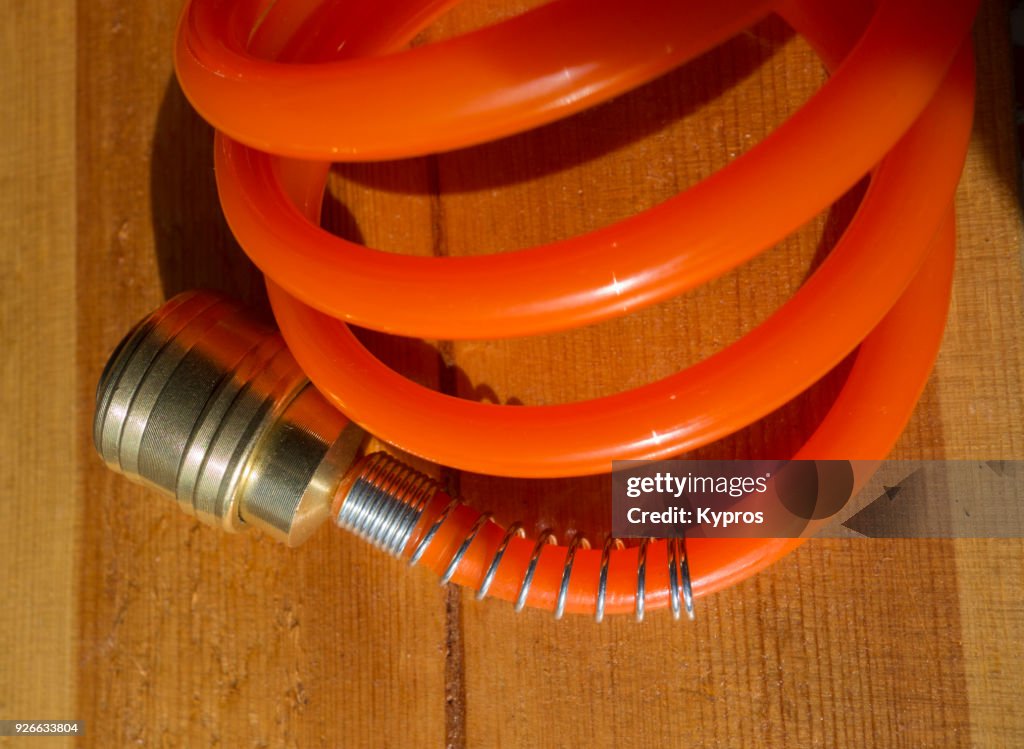 Europe, Greece, 2018: View Of Plastic Hose For Use With Air Compressor Tools