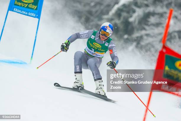 Alexis Pinturault of France in action during the Audi FIS Alpine Ski World Cup Men's Giant Slalom on March 3, 2018 in Kranjska Gora, Slovenia.