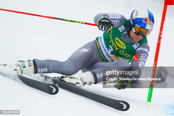 Alexis Pinturault of France in action during the Audi FIS Alpine Ski World Cup Men's Giant Slalom on March 3, 2018 in Kranjska Gora, Slovenia.