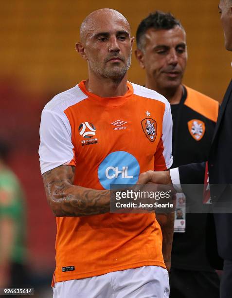 Massimo Maccarone of the Brisbane Roar is substituted during the round 22 A-League match between the Brisbane Roar and Adelaide United at Suncorp...