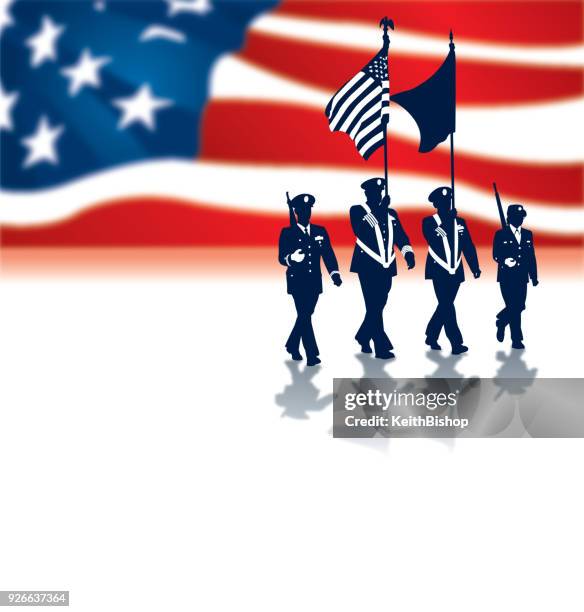 stockillustraties, clipart, cartoons en iconen met amerikaanse militaire parade met vlag, vakantie - us air force