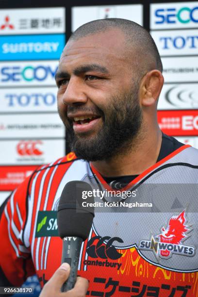 Michael Leitch of Sunwolves is interviewed after the Super Rugby round 3 match between Sunwolves and Rebels at the Prince Chichibu Memorial Ground on...