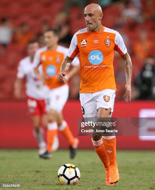 Massimo Maccarone of the Brisbane Roar controls the ball during the round 22 A-League match between the Brisbane Roar and Adelaide United at Suncorp...