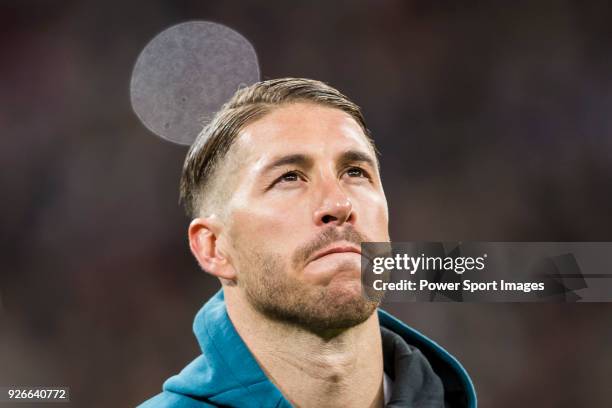 Sergio Ramos of Real Madrid prior to the UEFA Champions League 2017-18 Round of 16 match between Real Madrid vs Paris Saint Germain at Estadio...