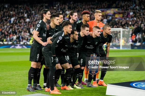 Players of Paris Saint Germain line up and pose for a photo prior to the UEFA Champions League 2017-18 Round of 16 match between Real Madrid vs Paris...