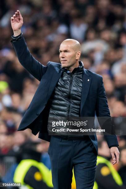 Manager Zinedine Zidane of Real Madrid reacts during the UEFA Champions League 2017-18 Round of 16 match between Real Madrid vs Paris Saint Germain...