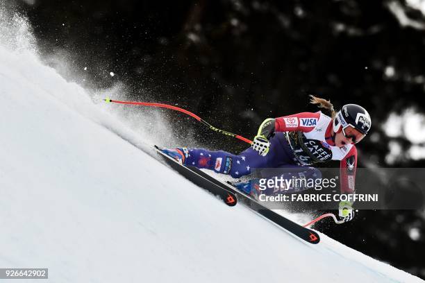 Laurenne Ross of the US competes during the Women's Super-G at the FIS Alpine Ski World Cup on March 3, 2018 in Crans-Montana. / AFP PHOTO / Fabrice...