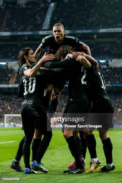 Kylian Mbappe of Paris Saint Germain celebrates for the team's goal by teammate Adrien Rabiot in the match during the UEFA Champions League 2017-18...