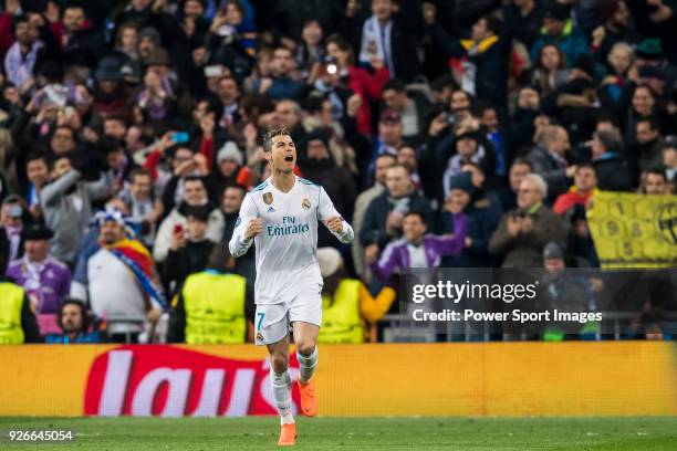 Cristiano Ronaldo of Real Madrid celebrates his goal during the UEFA Champions League 2017-18 Round of 16 match between Real Madrid vs Paris Saint...