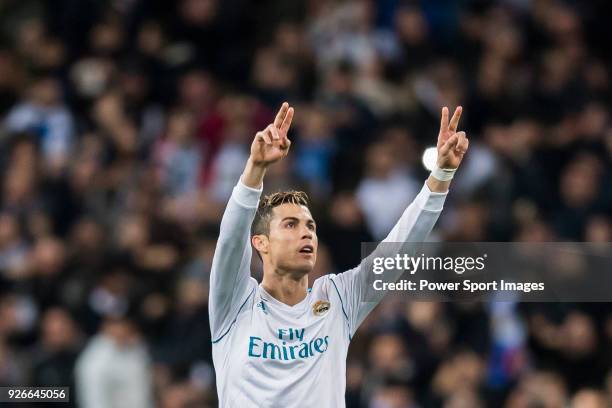 Cristiano Ronaldo of Real Madrid celebrates his goal during the UEFA Champions League 2017-18 Round of 16 match between Real Madrid vs Paris Saint...