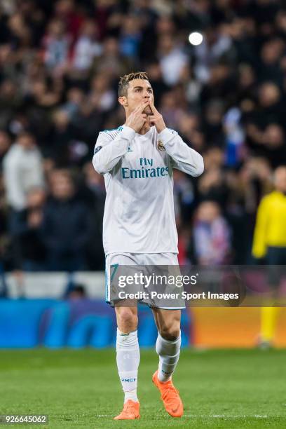 Cristiano Ronaldo of Real Madrid celebrates his goal during the UEFA Champions League 2017-18 Round of 16 match between Real Madrid vs Paris Saint...