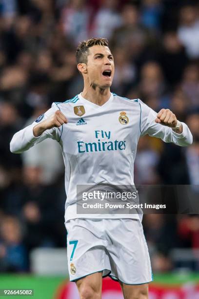 Cristiano Ronaldo of Real Madrid celebrates his goal during the UEFA Champions League 2017-18 Round of 16 match between Real Madrid vs Paris Saint...