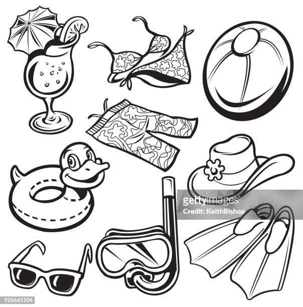 ilustraciones, imágenes clip art, dibujos animados e iconos de stock de aletas de artículos, gafas de sol, de playa de verano - máscara de submarinismo