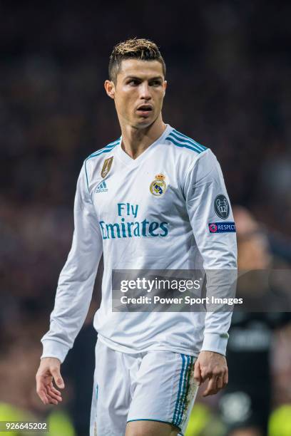 Cristiano Ronaldo of Real Madrid reacts during the UEFA Champions League 2017-18 Round of 16 match between Real Madrid vs Paris Saint Germain at...