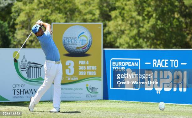 Felipe Aguilar of Chile tees off on the third hole during the third round of the Tshwane Open at Pretoria Country Club on March 3, 2018 in Pretoria,...