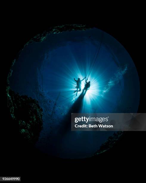 divers silhouettes in current - fish eye lens people stock pictures, royalty-free photos & images