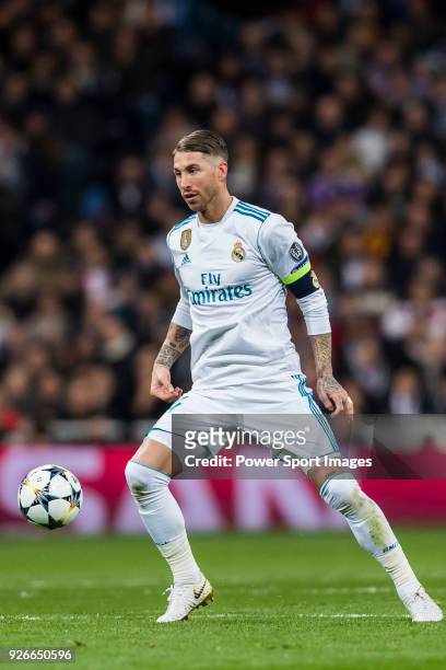 Sergio Ramos of Real Madrid in action during the UEFA Champions League 2017-18 Round of 16 match between Real Madrid vs Paris Saint Germain at...