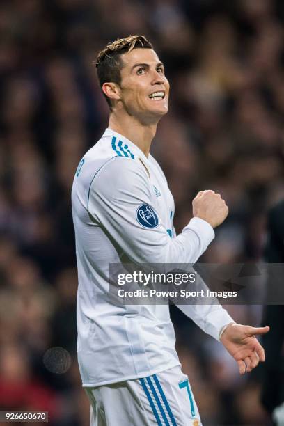 Cristiano Ronaldo of Real Madrid reacts during the UEFA Champions League 2017-18 Round of 16 match between Real Madrid vs Paris Saint Germain at...