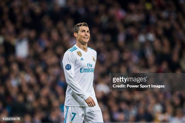 Cristiano Ronaldo of Real Madrid reacts during the UEFA Champions League 2017-18 Round of 16 match between Real Madrid vs Paris Saint Germain at...