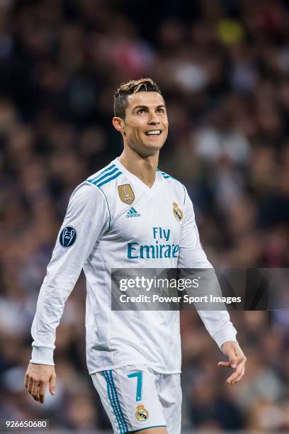 Cristiano Ronaldo of Real Madrid reacts during the UEFA Champions League 2017-18 Round of 16 match between Real Madrid vs Paris Saint Germain at...