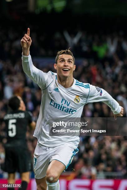 Cristiano Ronaldo of Real Madrid celebrates his second goal during the UEFA Champions League 2017-18 Round of 16 match between Real Madrid vs Paris...