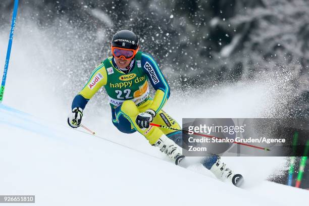 Andre Myhrer of Sweden competes during the Audi FIS Alpine Ski World Cup Men's Giant Slalom on March 3, 2018 in Kranjska Gora, Slovenia.