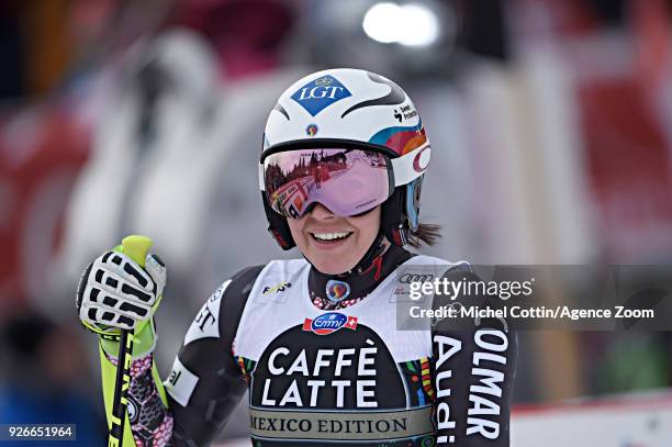 Tina Weirather of Liechtenstein takes 1st place during the Audi FIS Alpine Ski World Cup Women's Super G on March 3, 2018 in Crans-Montana,...