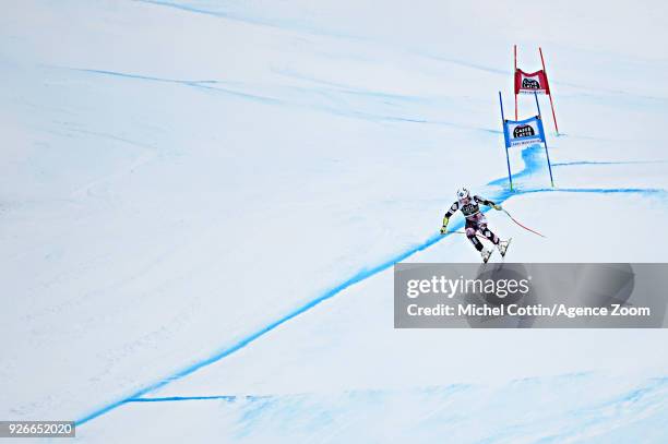 Tina Weirather of Liechtenstein takes 1st place during the Audi FIS Alpine Ski World Cup Women's Super G on March 3, 2018 in Crans-Montana,...