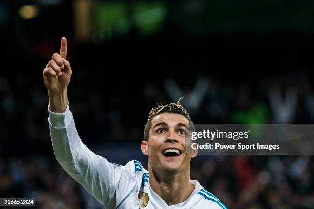 Cristiano Ronaldo of Real Madrid celebrates his second goal during the UEFA Champions League 2017-18 Round of 16 match between Real Madrid vs Paris...