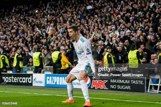 Cristiano Ronaldo of Real Madrid celebrates his second goal during the UEFA Champions League 2017-18 Round of 16 match between Real Madrid vs Paris...