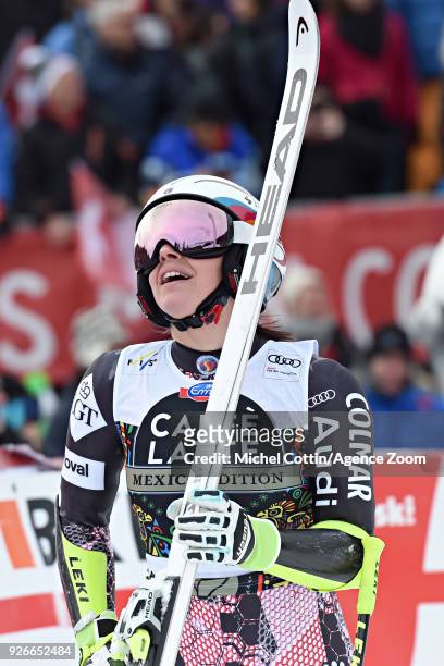 Tina Weirather of Liechtenstein takes 1st place during the Audi FIS Alpine Ski World Cup Women's Super G on March 3, 2018 in Crans-Montana,...