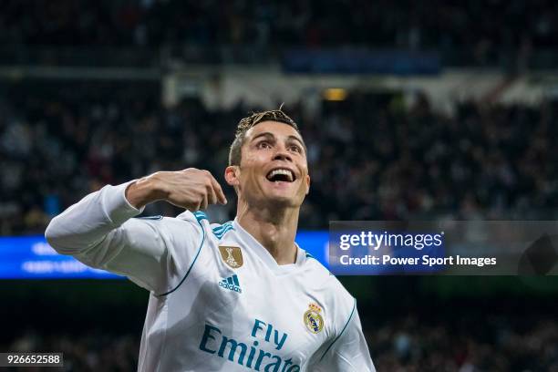 Cristiano Ronaldo of Real Madrid celebrates his second goal during the UEFA Champions League 2017-18 Round of 16 match between Real Madrid vs Paris...