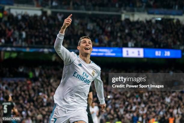 Cristiano Ronaldo of Real Madrid celebrates his second goal during the UEFA Champions League 2017-18 Round of 16 match between Real Madrid vs Paris...