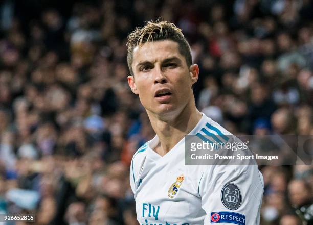Cristiano Ronaldo of Real Madrid looks on during the UEFA Champions League 2017-18 Round of 16 match between Real Madrid vs Paris Saint Germain at...