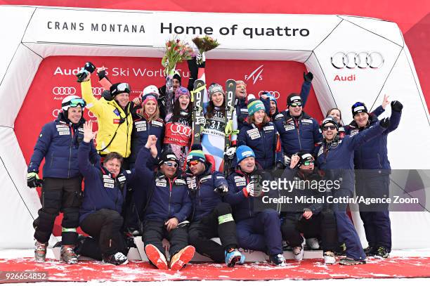 Tina Weirather of Liechtenstein takes 1st place, Wendy Holdener of Switzerland takes 3rd place during the Audi FIS Alpine Ski World Cup Women's Super...