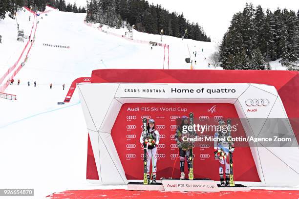 Anna Veith of Austria takes 2nd place, Tina Weirather of Liechtenstein takes 1st place, Wendy Holdener of Switzerland takes 3rd place during the Audi...